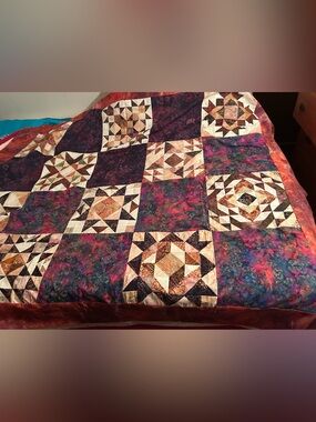 New homemade patchwork quilt top made by hand-dyed batik cotton fabric 60”x70”
